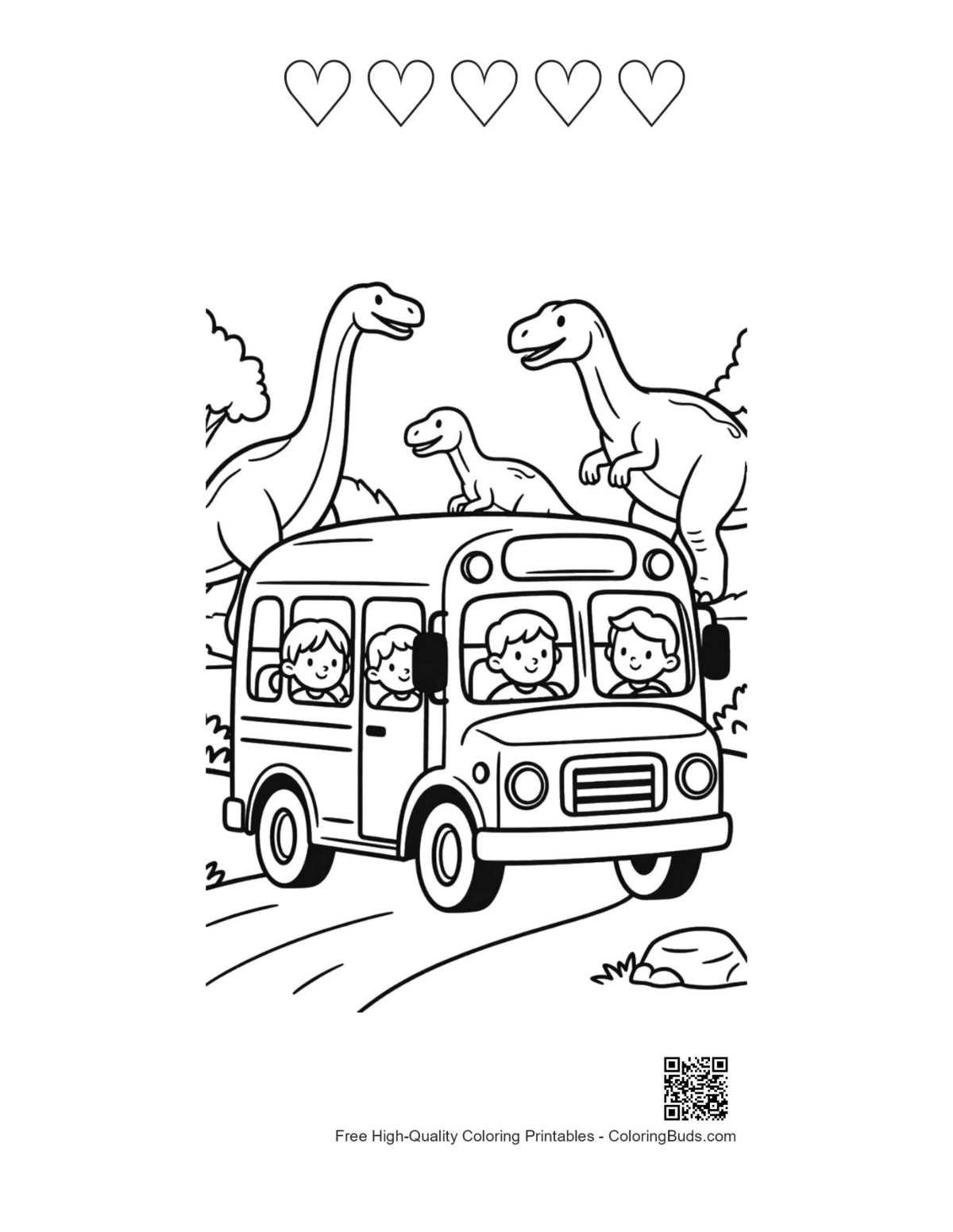 School bus dinosaurs adventure with 5 heart outlines coloring page