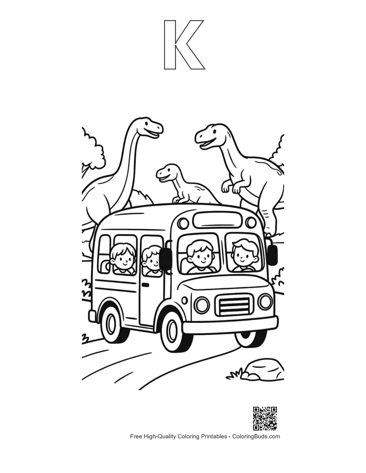 Yellow bus dinosaurs adventure alphabet K outline printable
