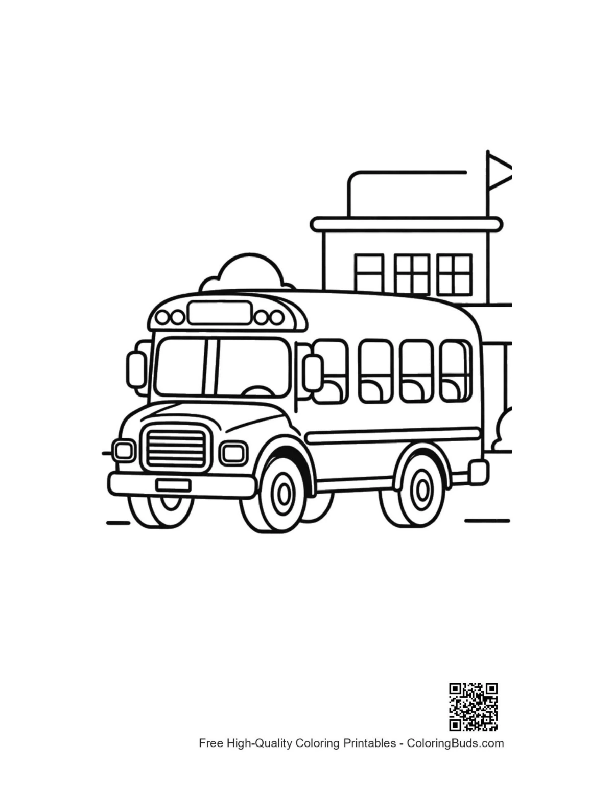Yellow school bus parked before small school printable