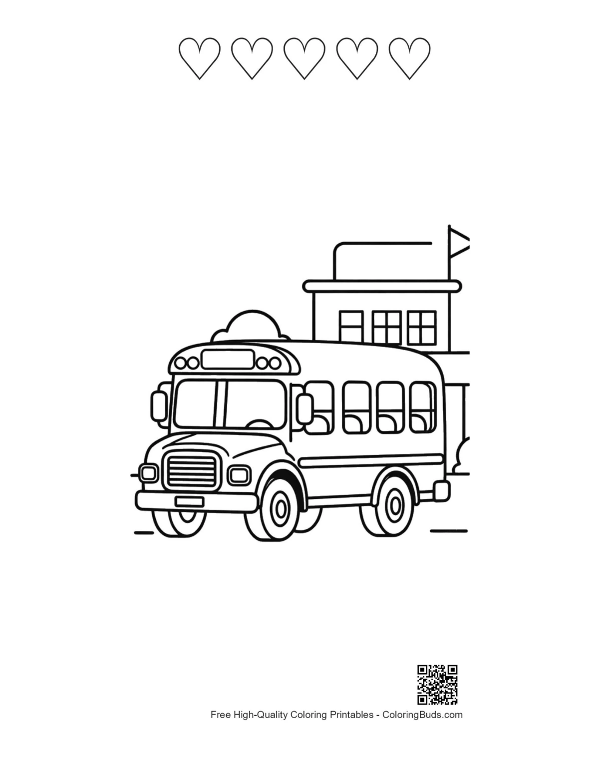 Yellow school bus printable with 5 heart outlines