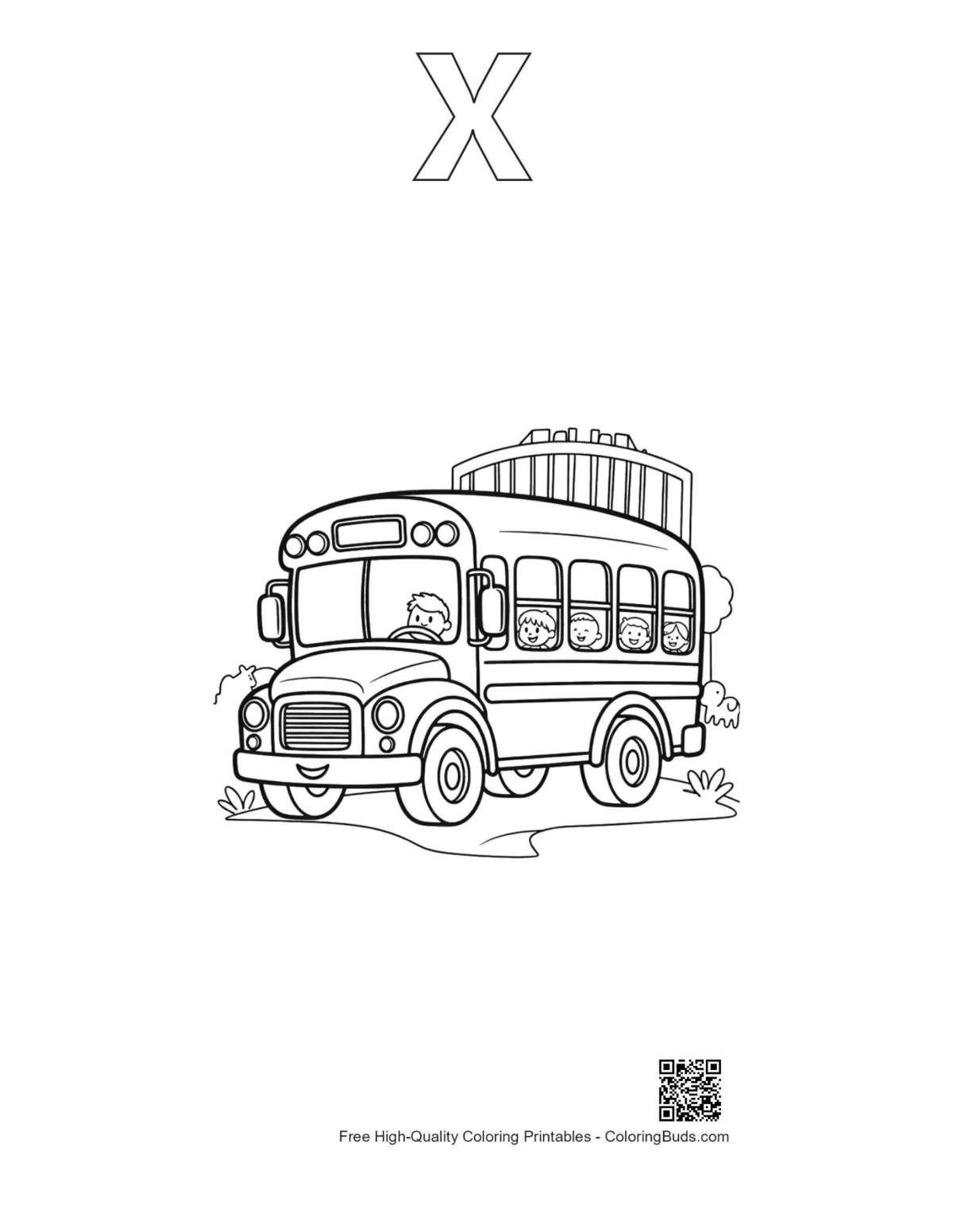 Yellow bus outline alphabet X main gate sunny printable