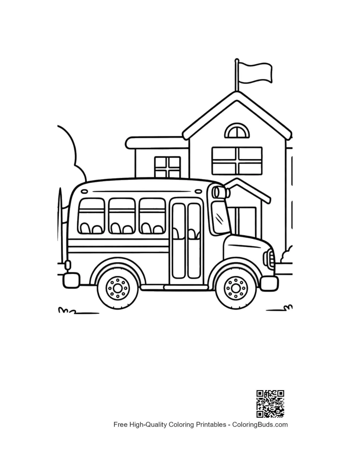 Yellow bus driving past school flag pole printable