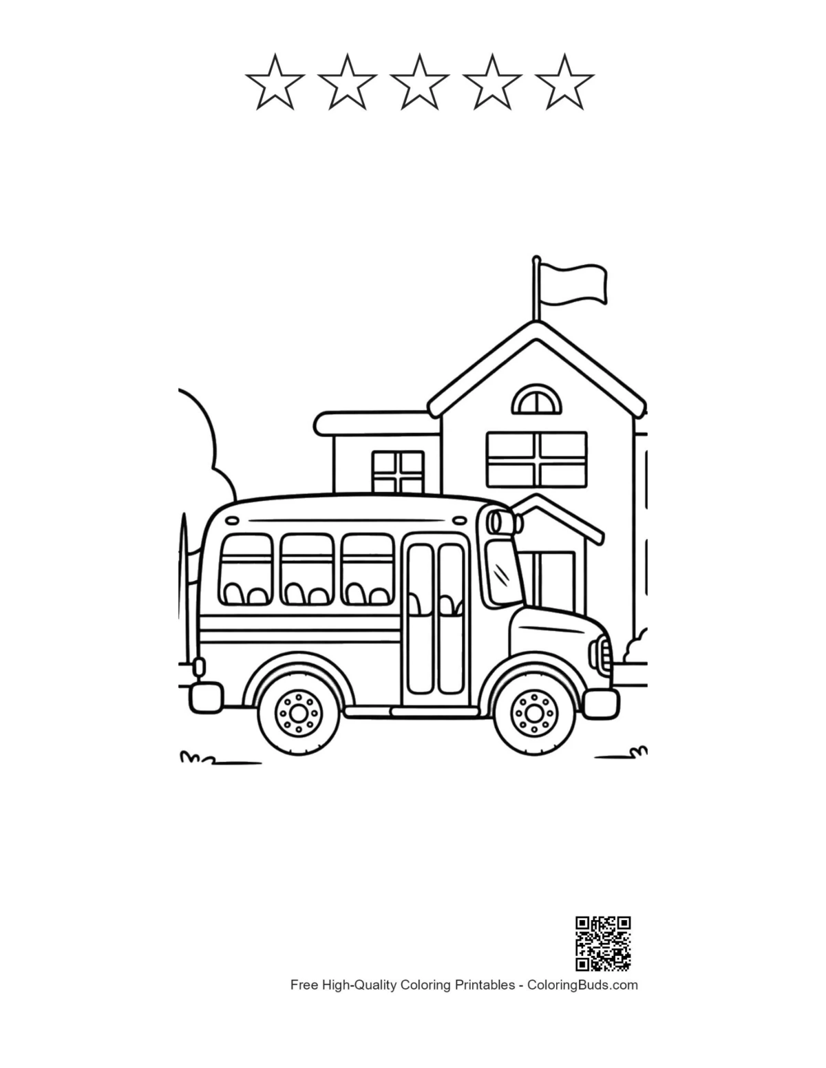 Yellow bus 5 star outline school scene printable