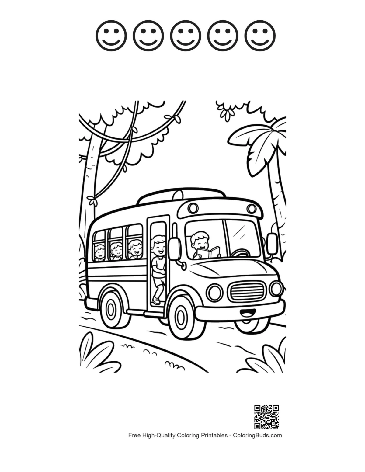 Yellow bus safari with 5 happy faces outline