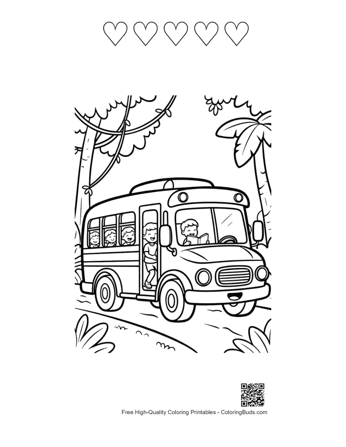 Yellow bus jungle printable 5 heart outlines