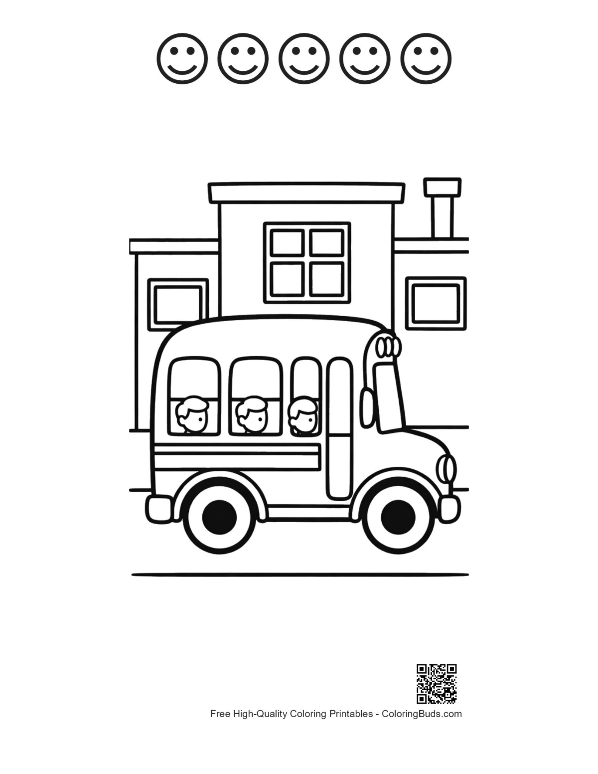 Yellow bus 5 happy faces coloring page