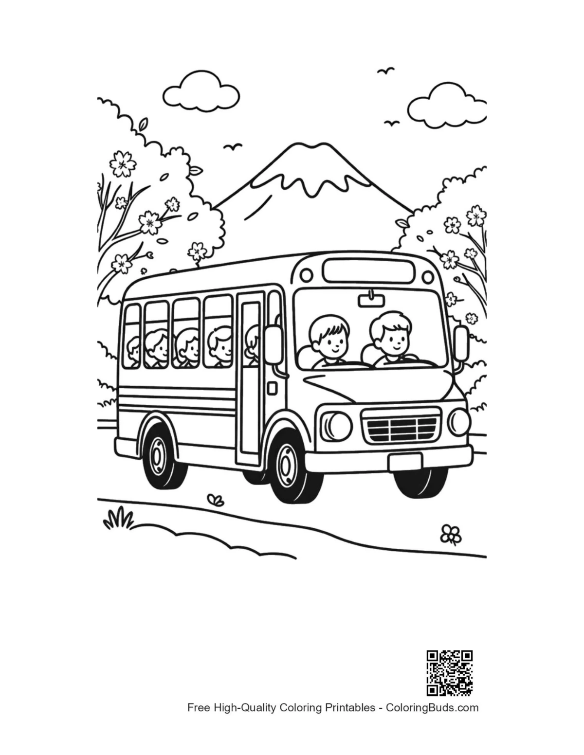 Yellow bus in scenic mountain valley printable