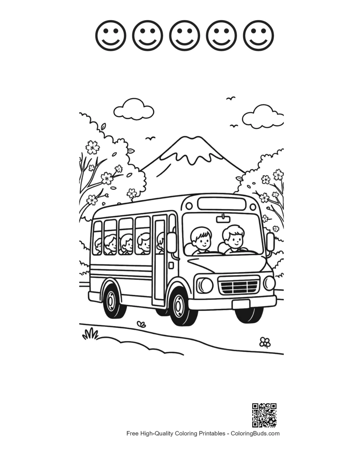 Yellow bus valley with 5 happy faces outline
