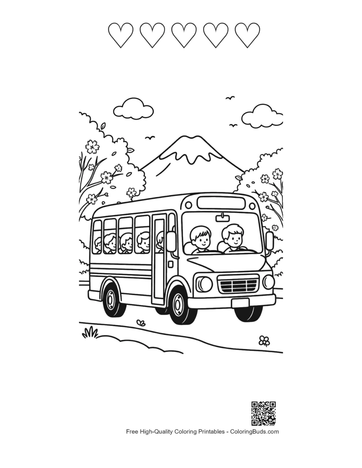 Yellow bus printable with 5 heart outlines