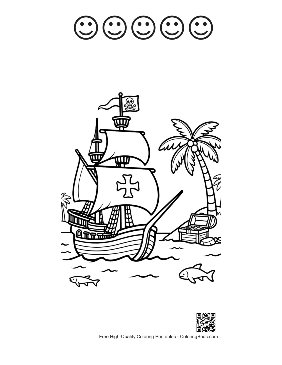 Pirate ship treasure 5 happy faces outline page