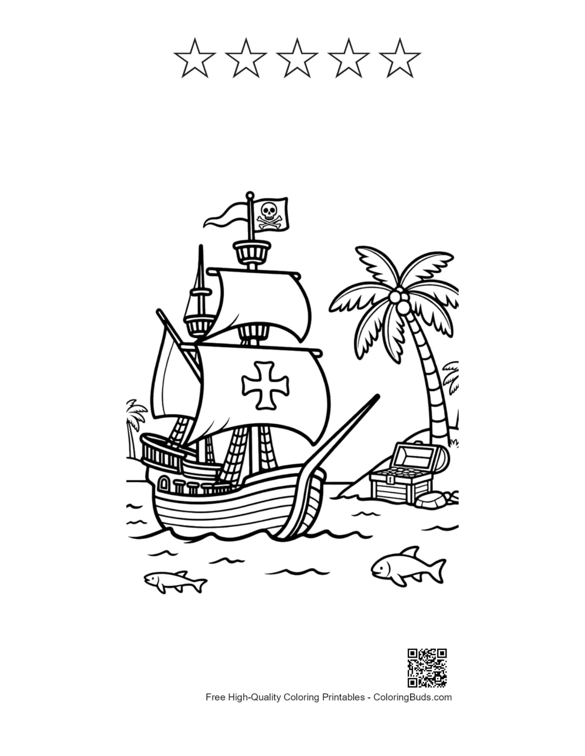 Pirate ship treasure with 5 star outlines printable