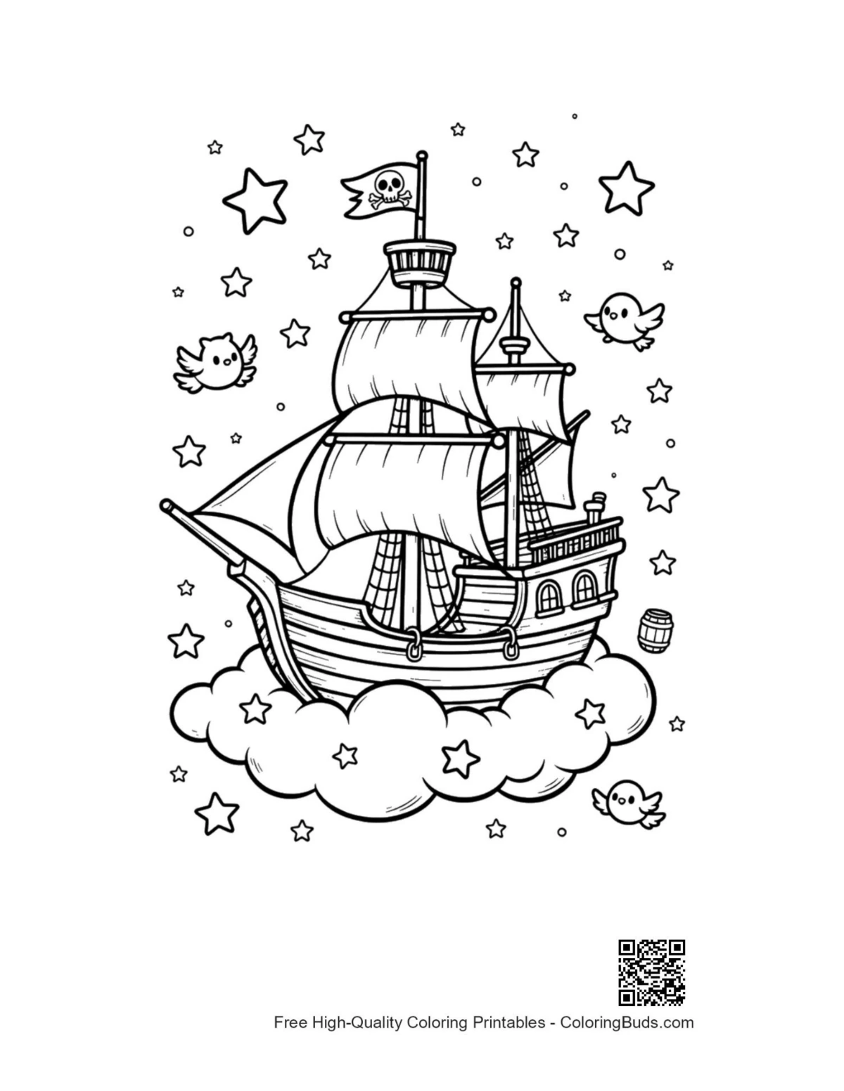 Celestial pirate ship midnight sky printable coloring page