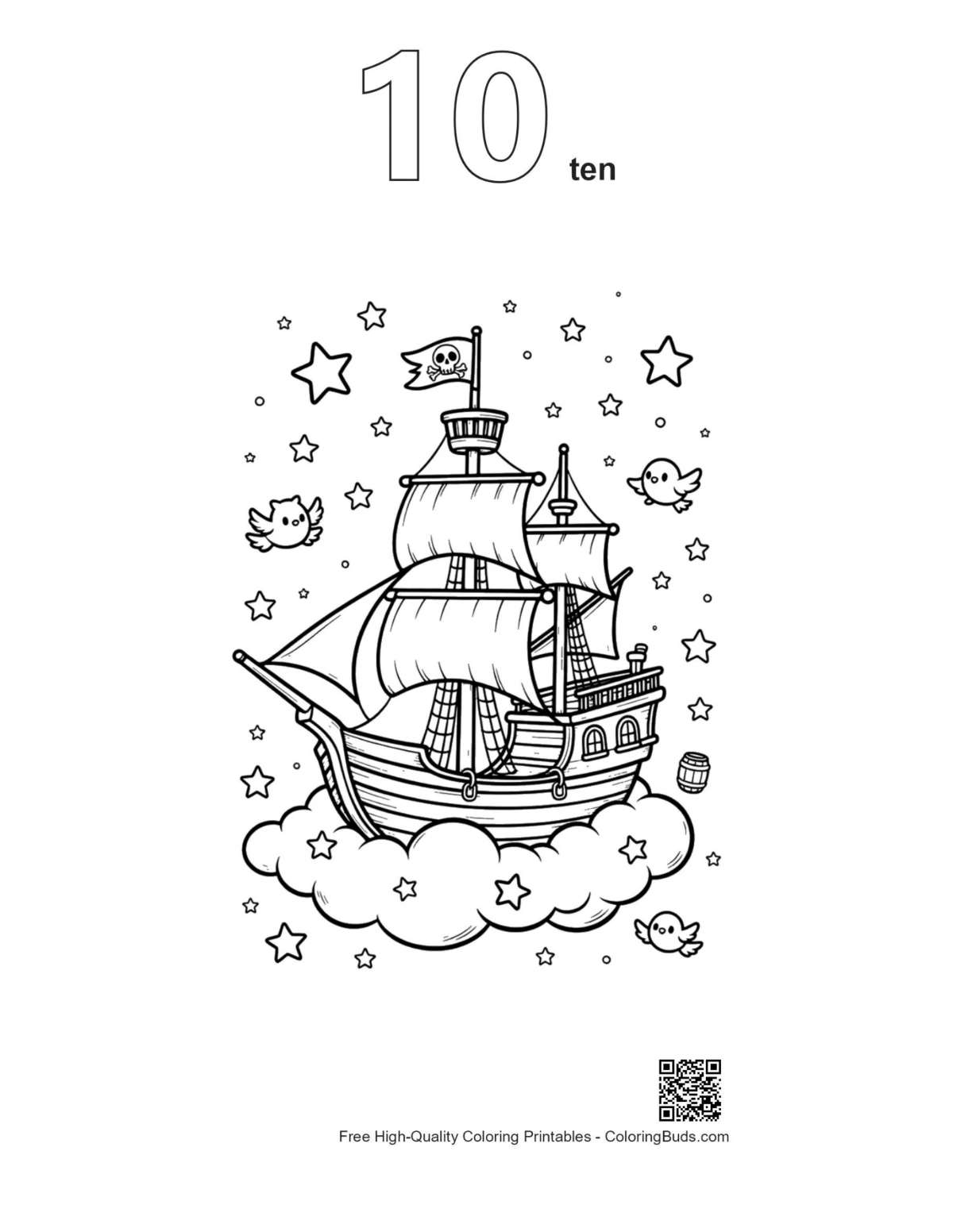 Midnight sky pirate voyage outline number 10 coloring sheet