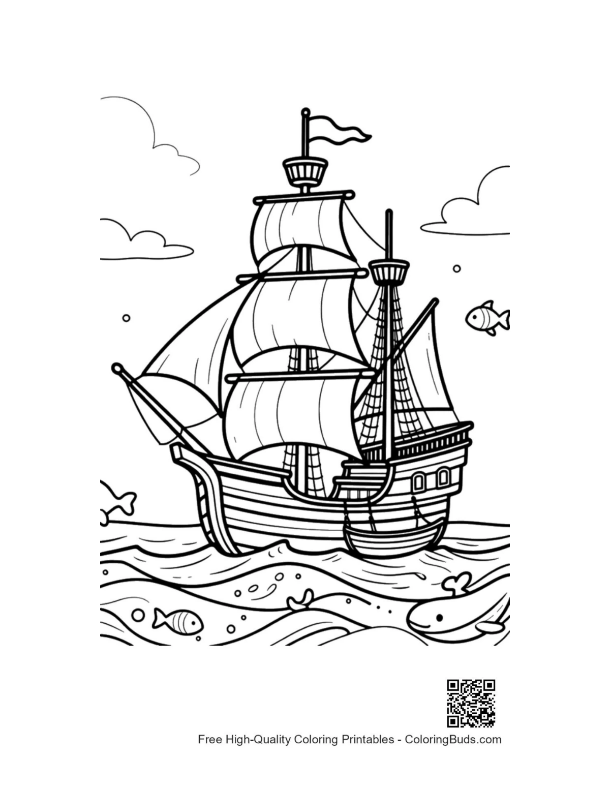 Classic pirate galleon sailing open seas printable coloring page