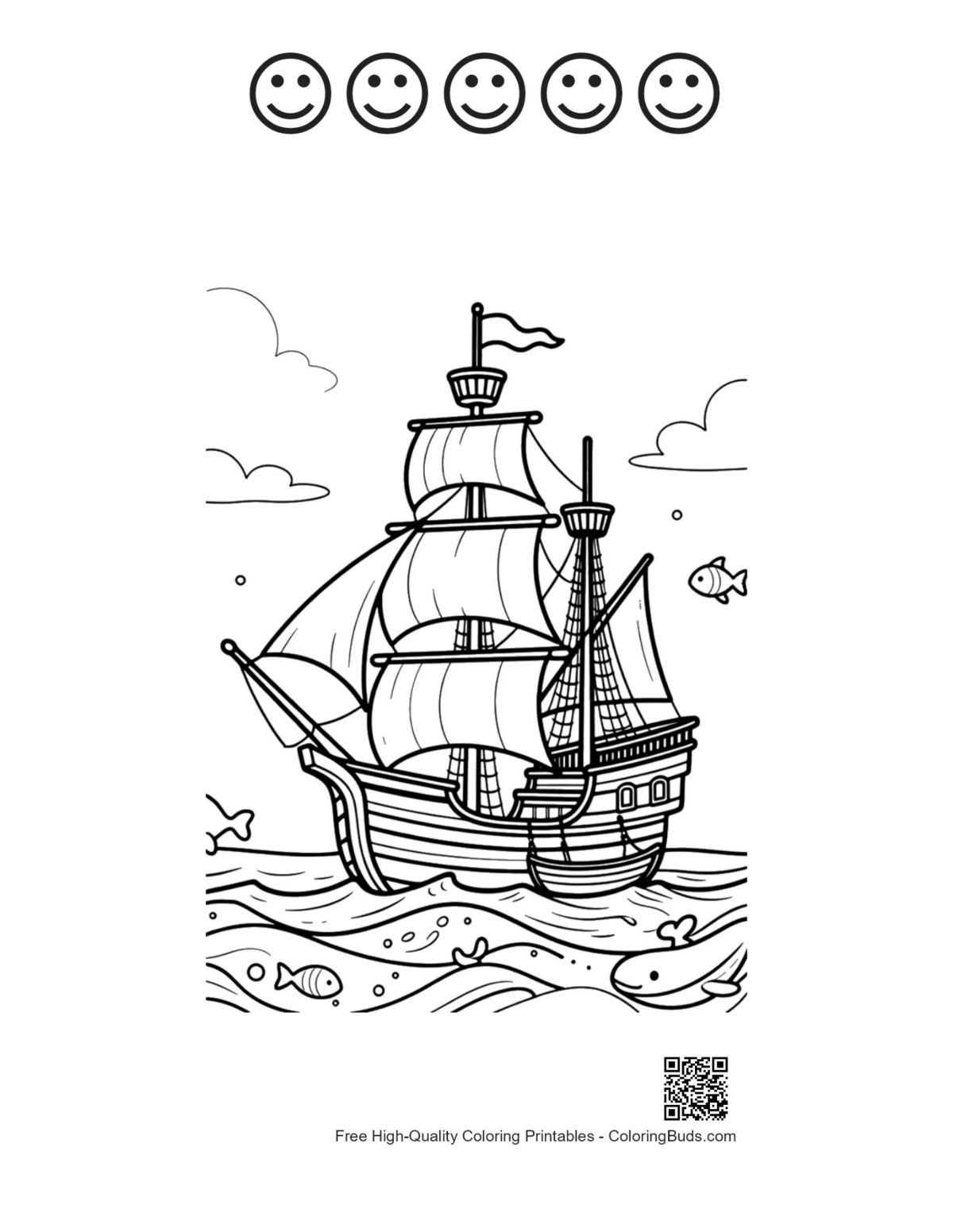 Pirate galleon with 5 happy face outlines printable sheet