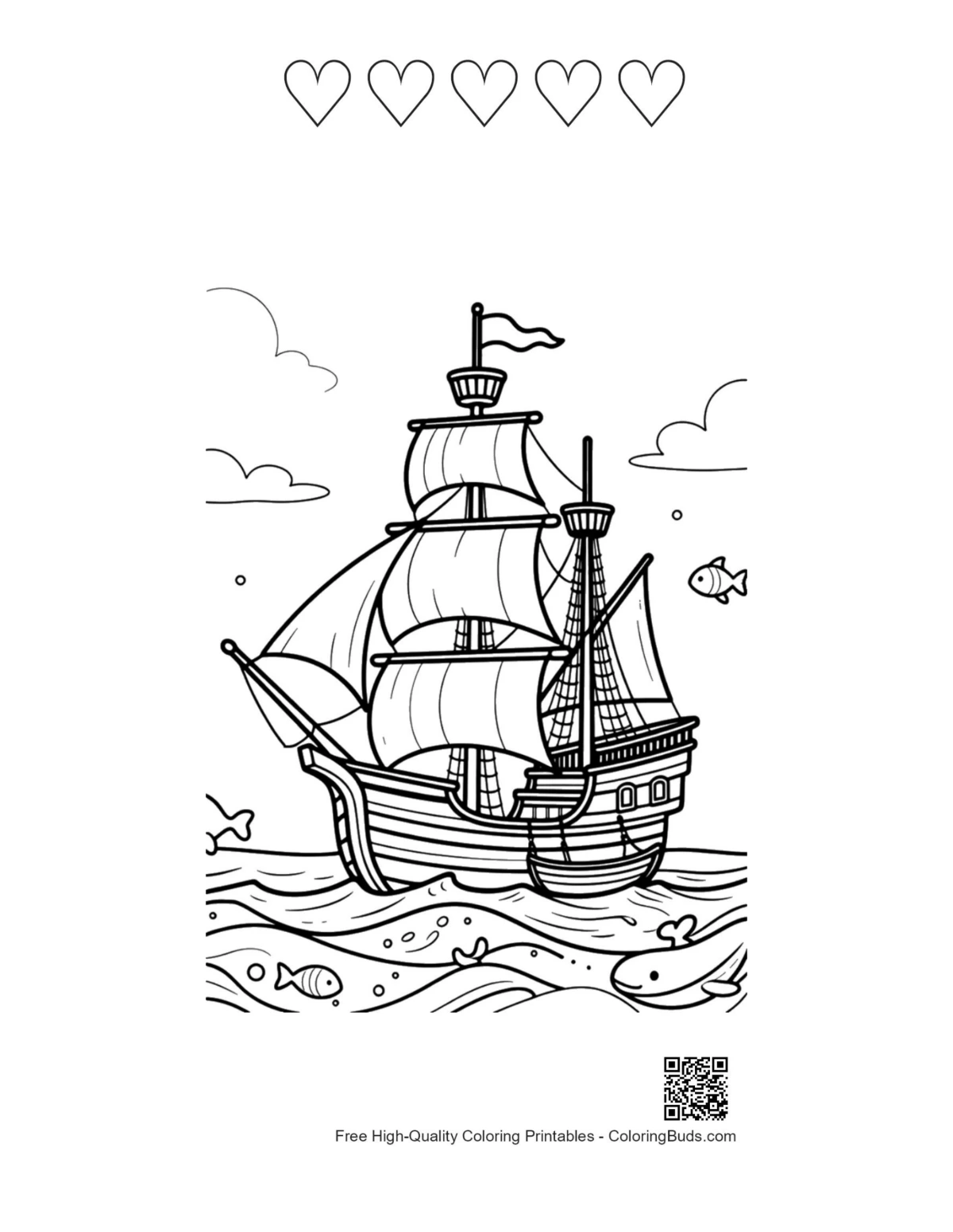 Pirate ship printable featuring 5 heart outlines