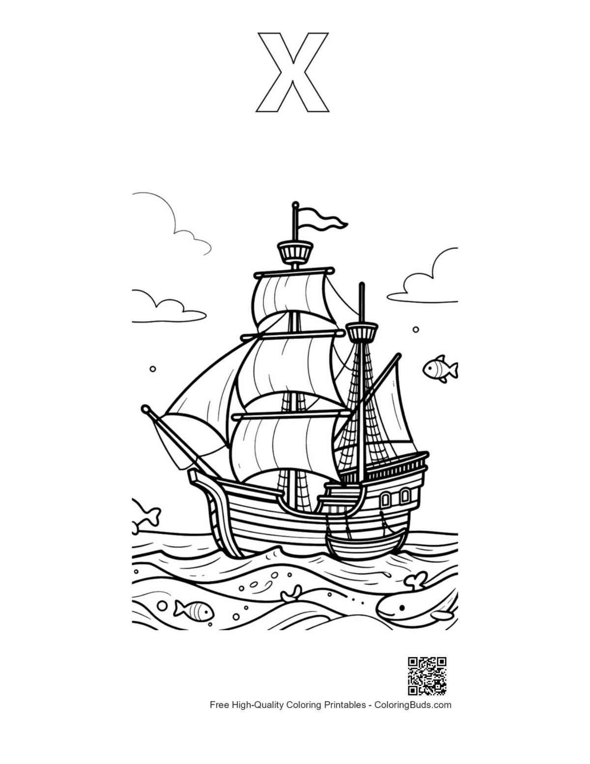 Pirate galleon outline with alphabet X printable page