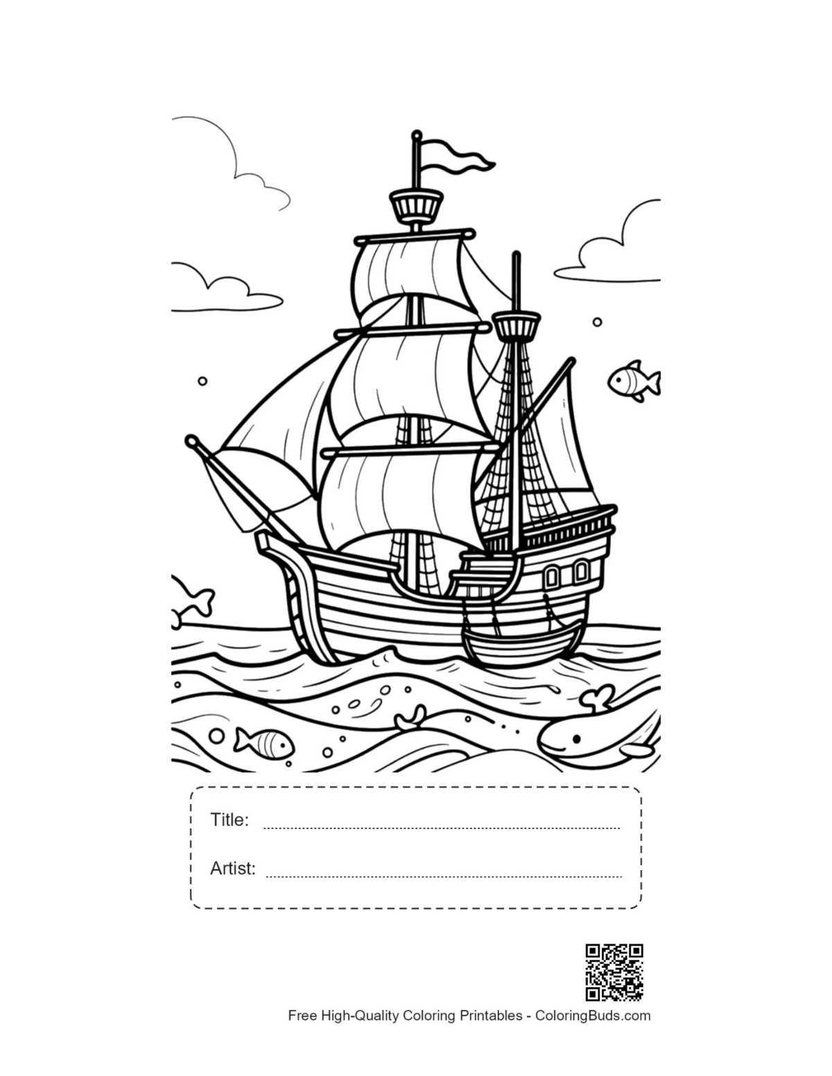 Pirate galleon printable with title artist box coloring sheet