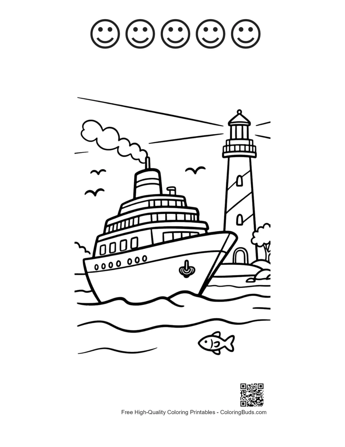 Cruise ship with 5 happy face outlines printable