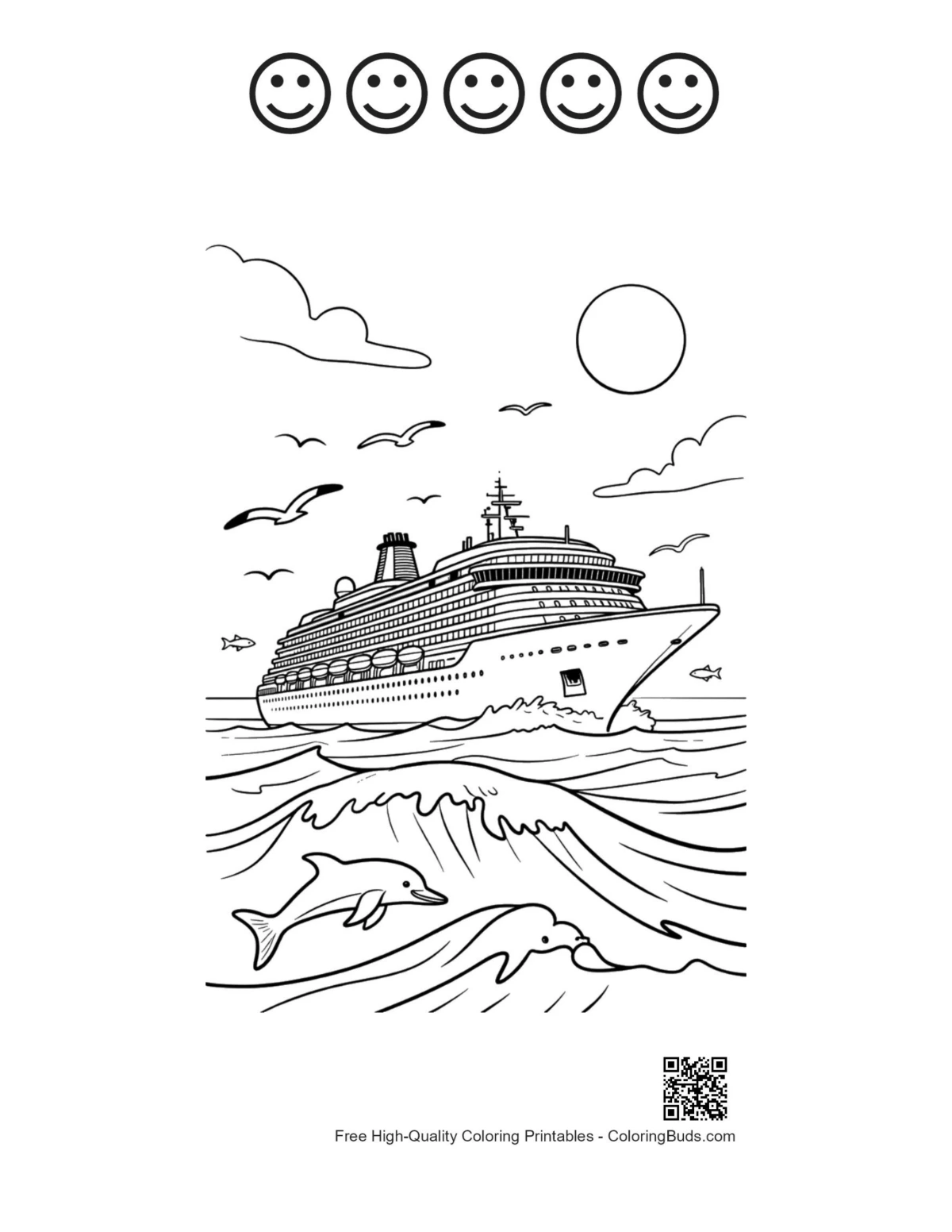 Cute cruise ship 5 happy faces outline printable