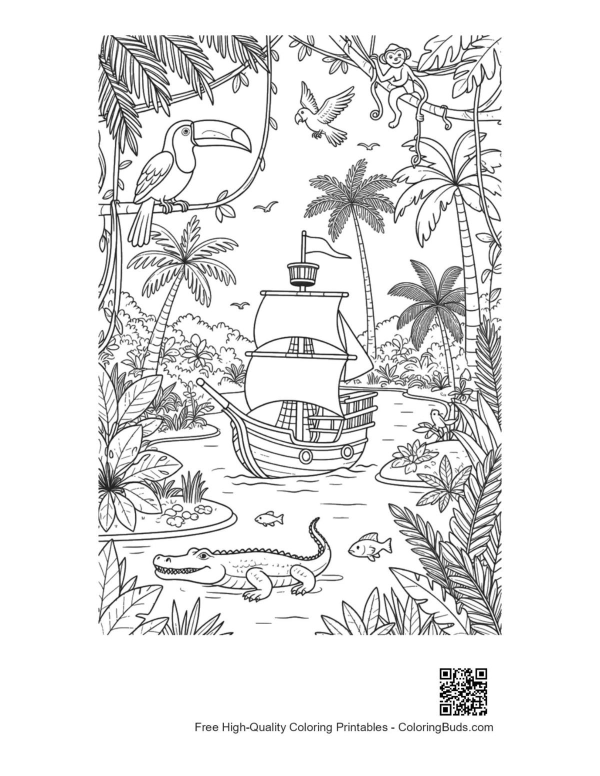Hidden pirate boat in deep jungle printable coloring page