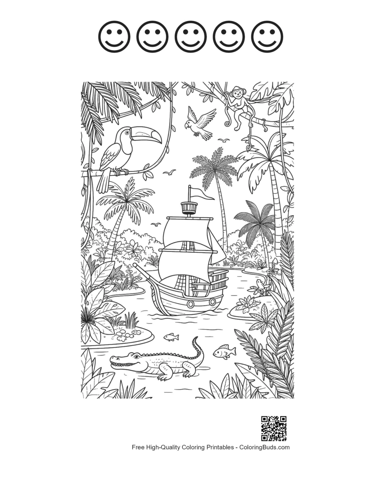 Hidden pirate boat printable with 5 happy faces
