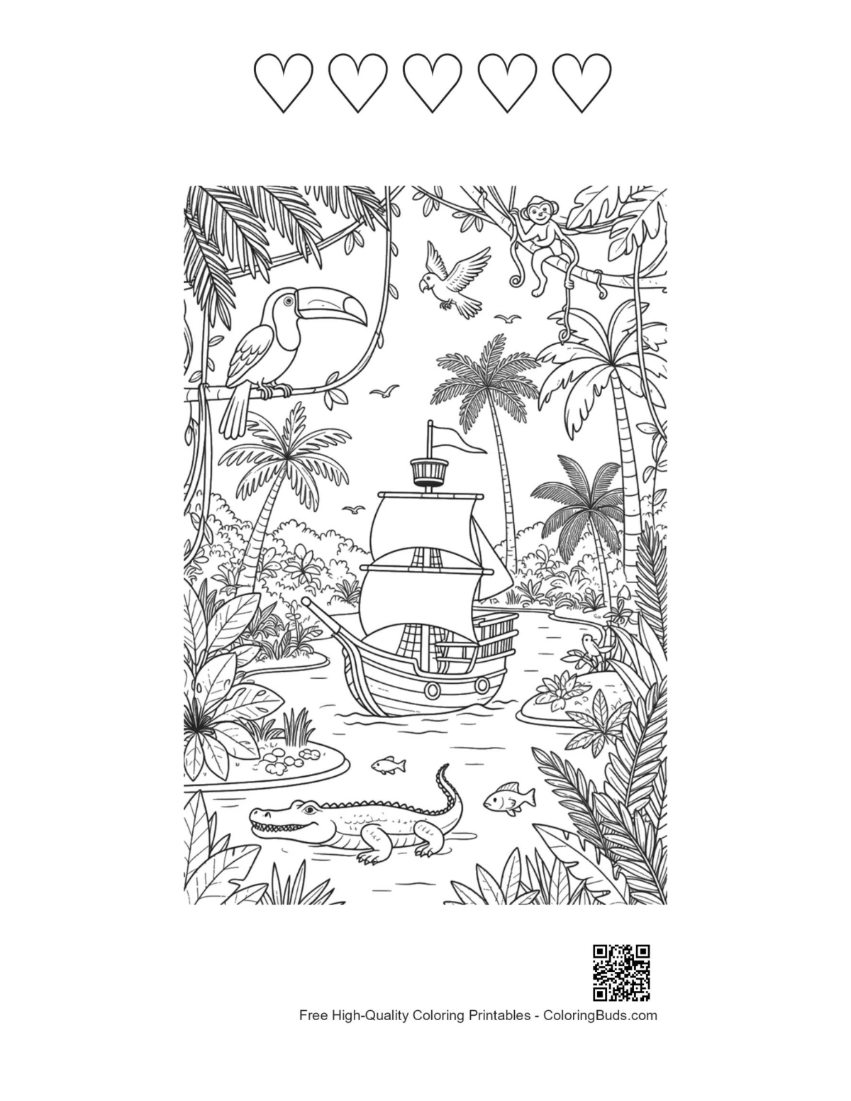 Jungle pirate boat printable with 5 heart outlines