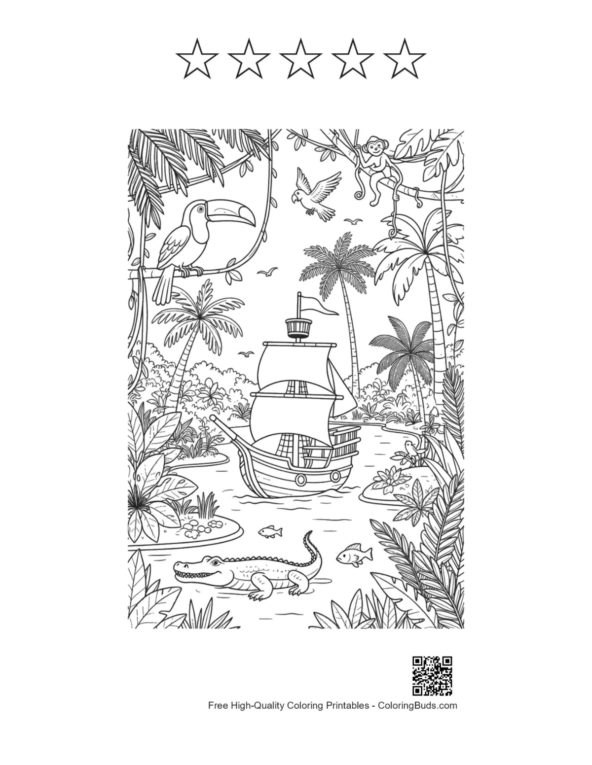 Pirate boat jungle printable with 5 star outlines