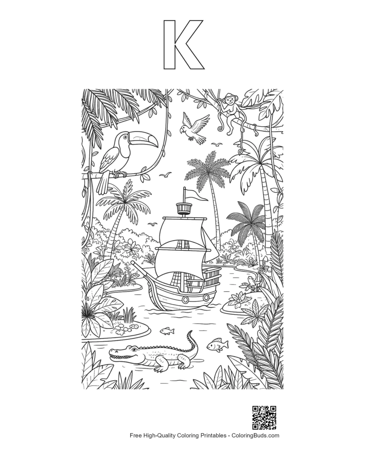 Jungle pirate boat printable with alphabet K outline