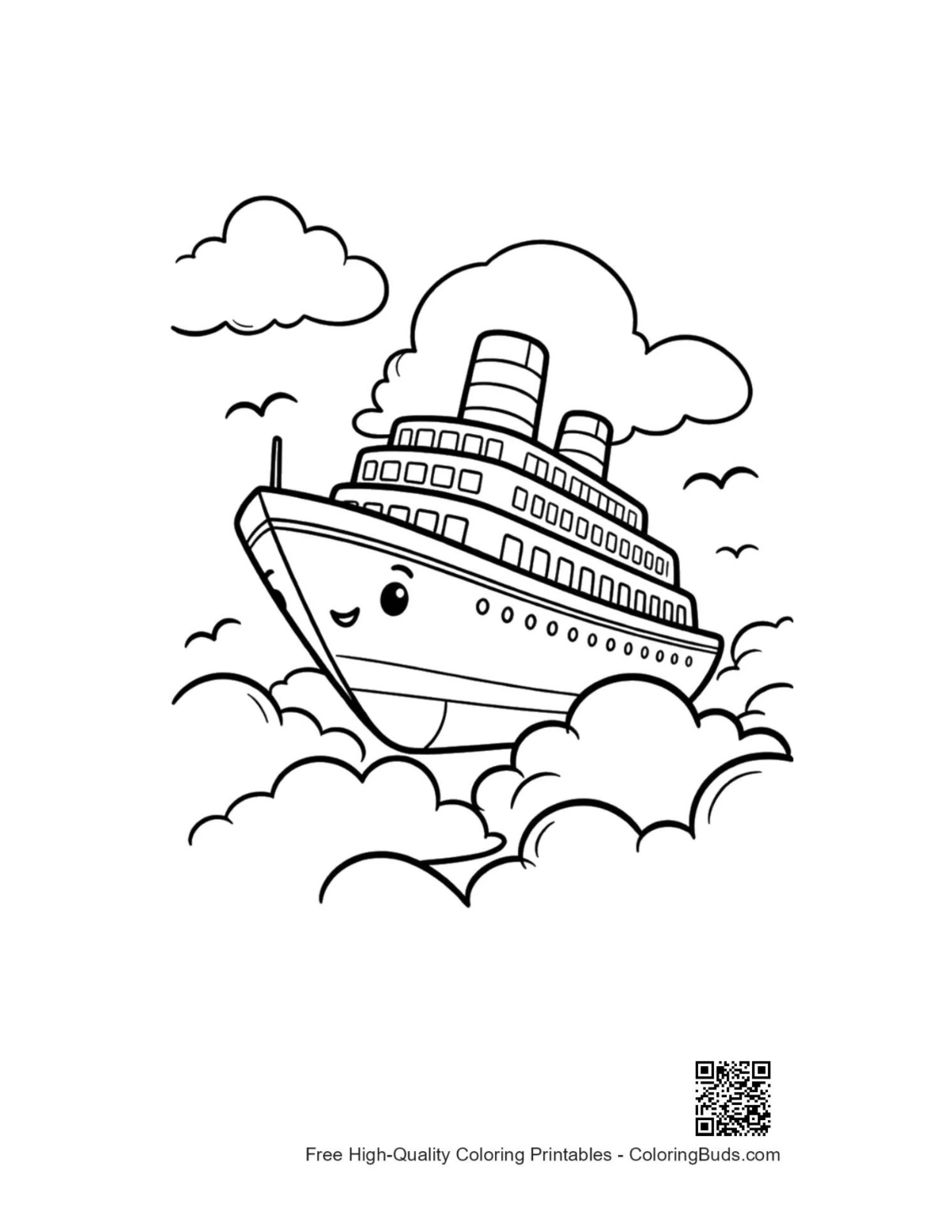 Dreamy cruise ship above clouds coloring printable