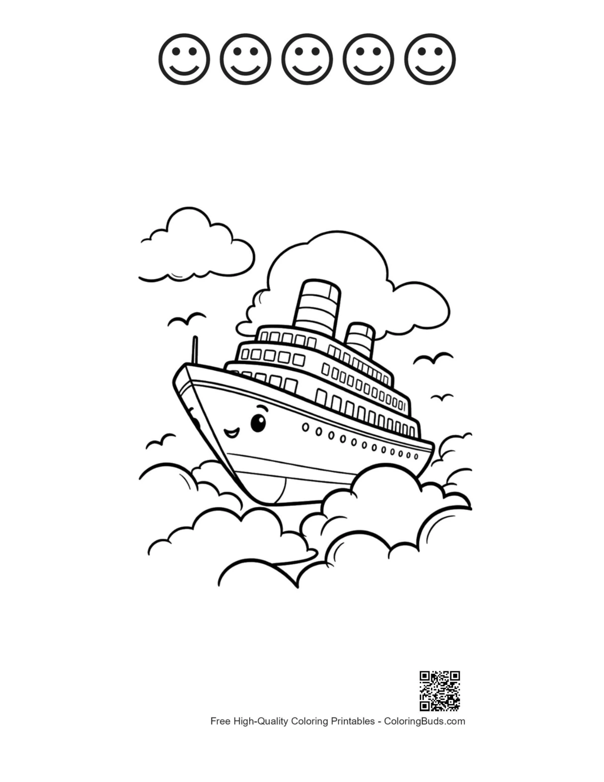 Cruise ship above clouds with 5 happy faces printable