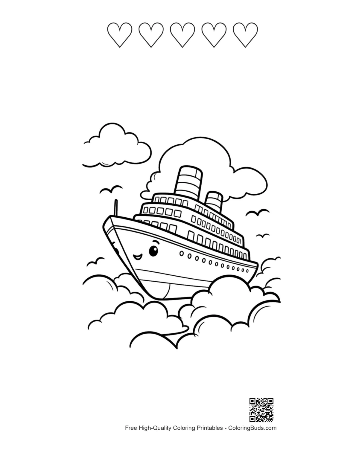 Dreamy ship printable with 5 heart outlines above clouds
