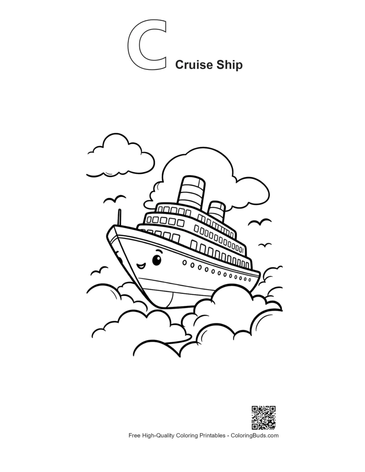 Outline alphabet C cruise ship above clouds printable