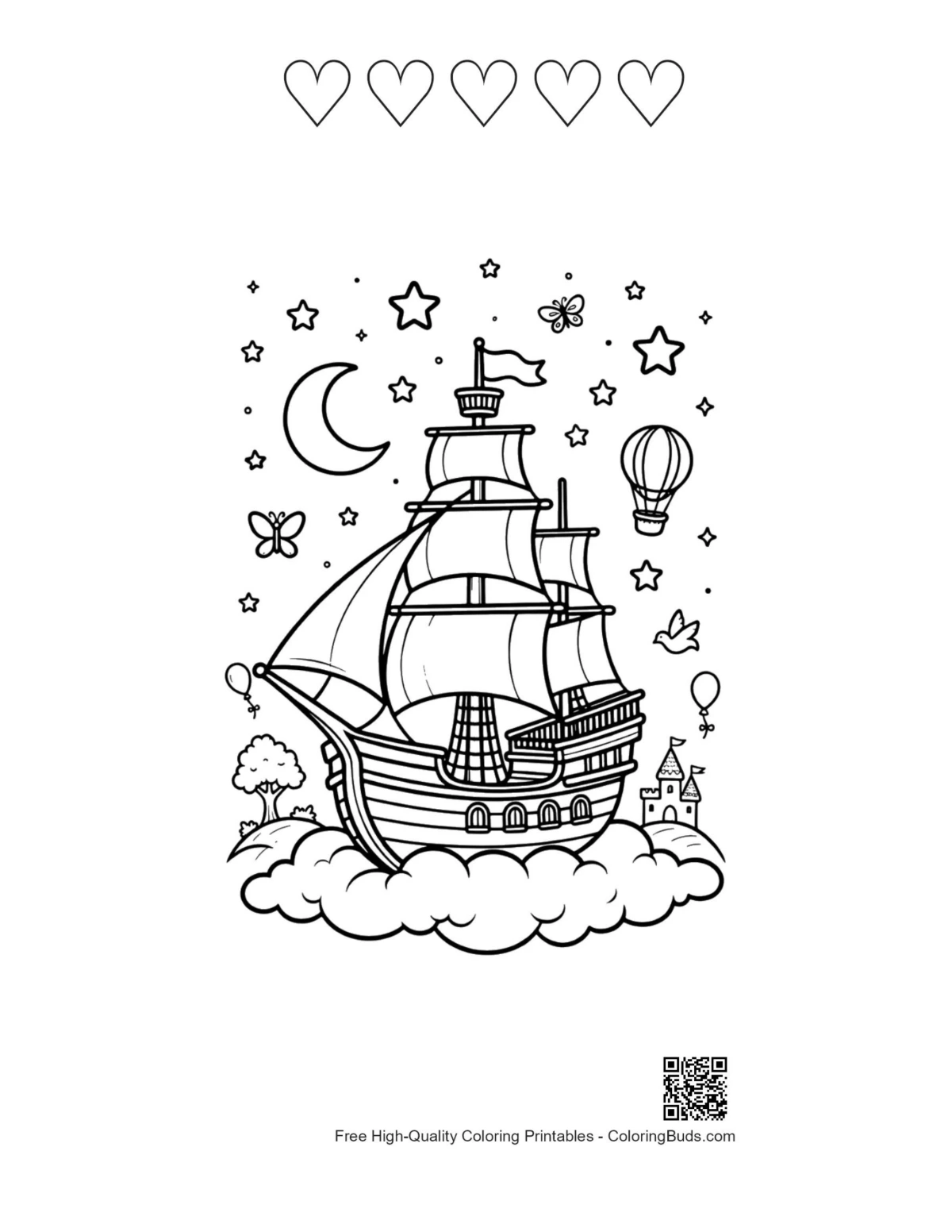 Dreamy pirate ship hearts outline printable