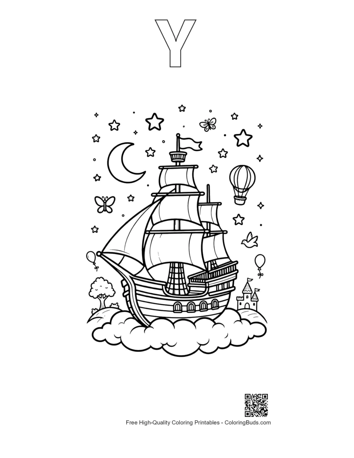 Pirate ship clouds printable with Y outline