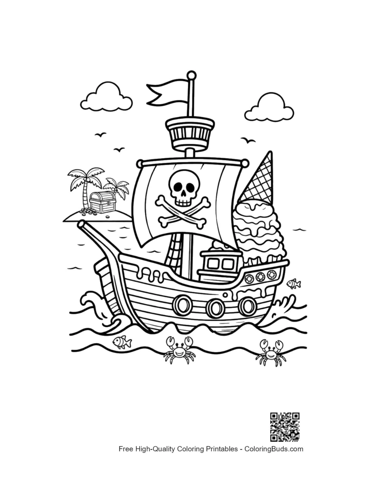 Easy pirate ship printable coloring page for kids