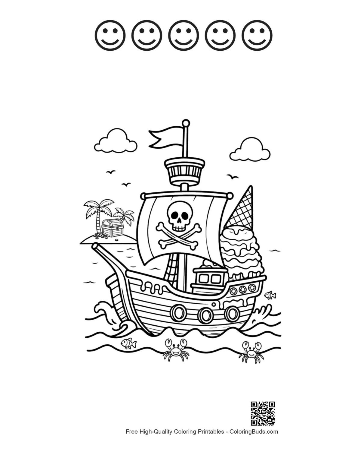 Pirate ship and 5 happy faces outline for kids
