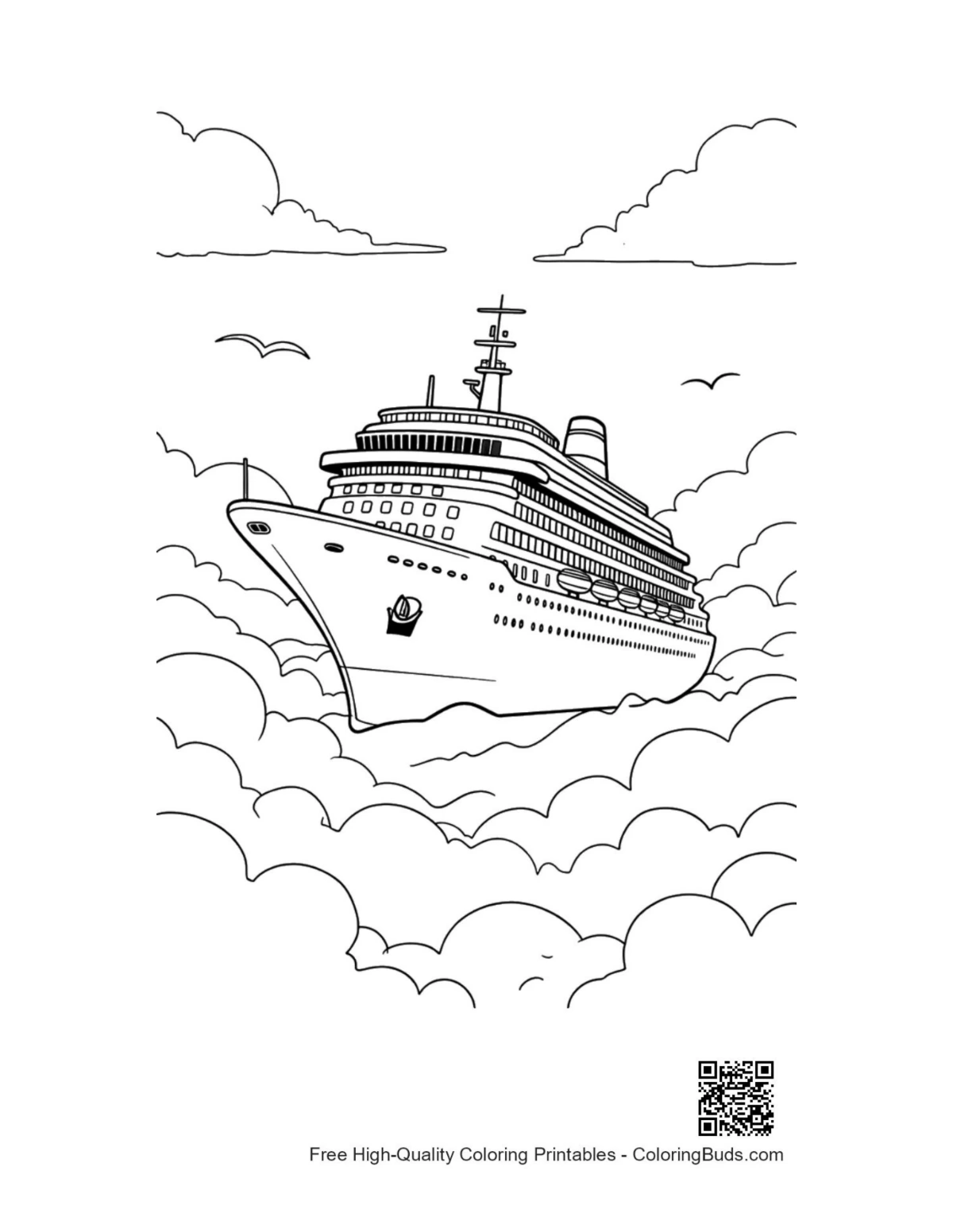 Fantasy sky cruise ship in fluffy clouds coloring printable