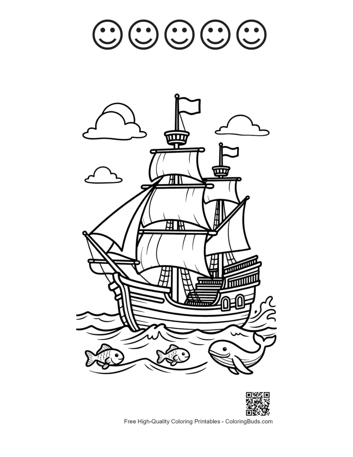 Pirate ship 5 happy faces coloring sheet