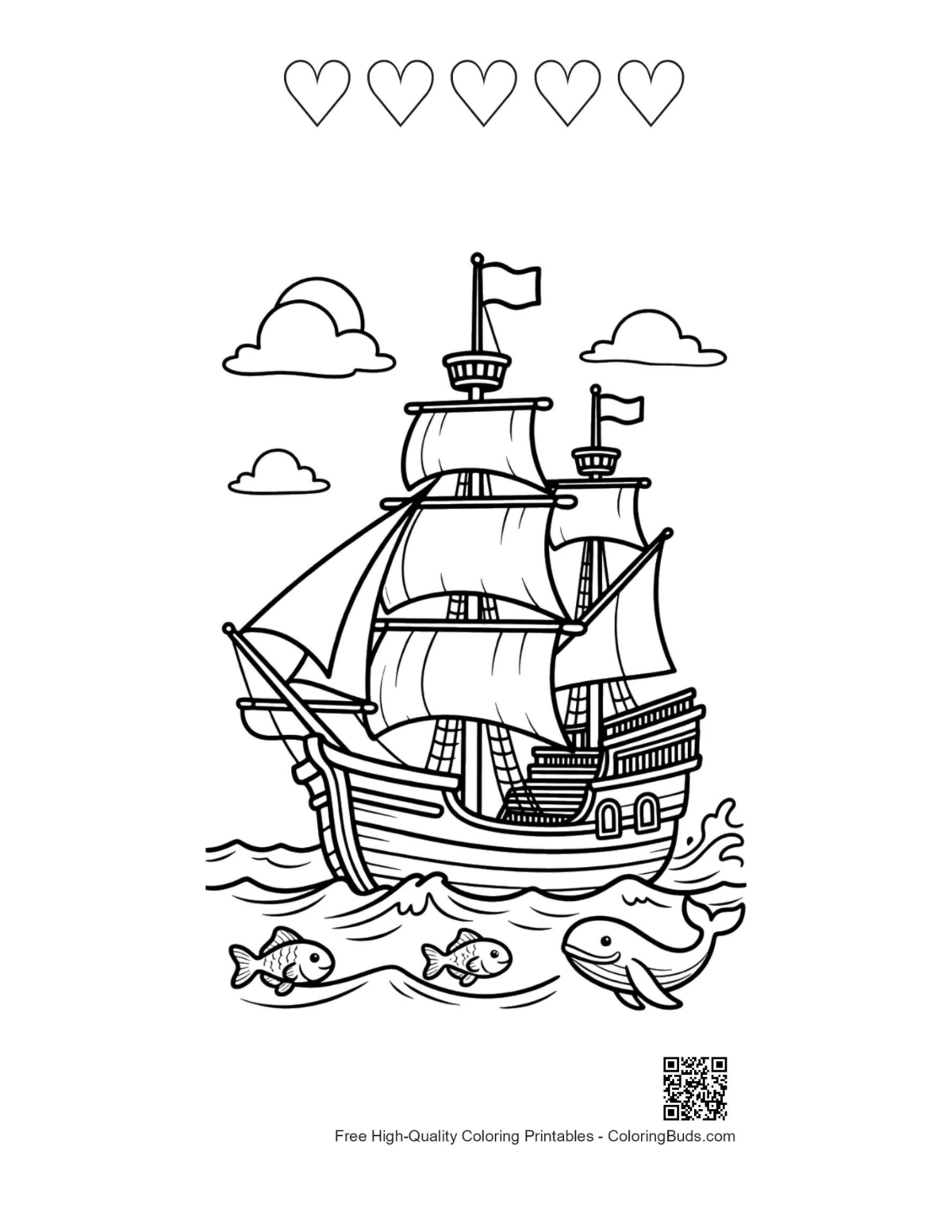 Pirate ship with 5 hearts printable coloring