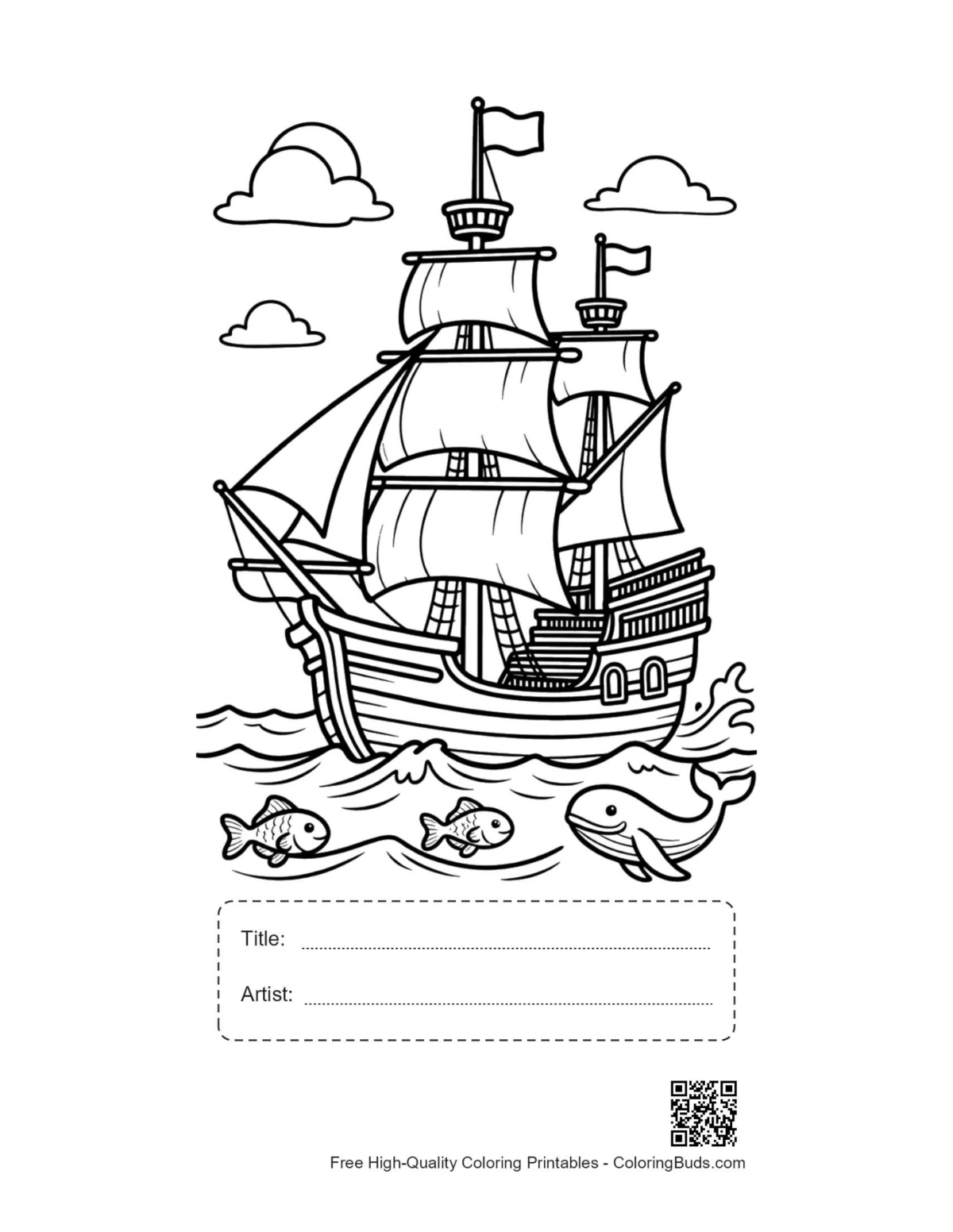 Pirate ship coloring page with title box