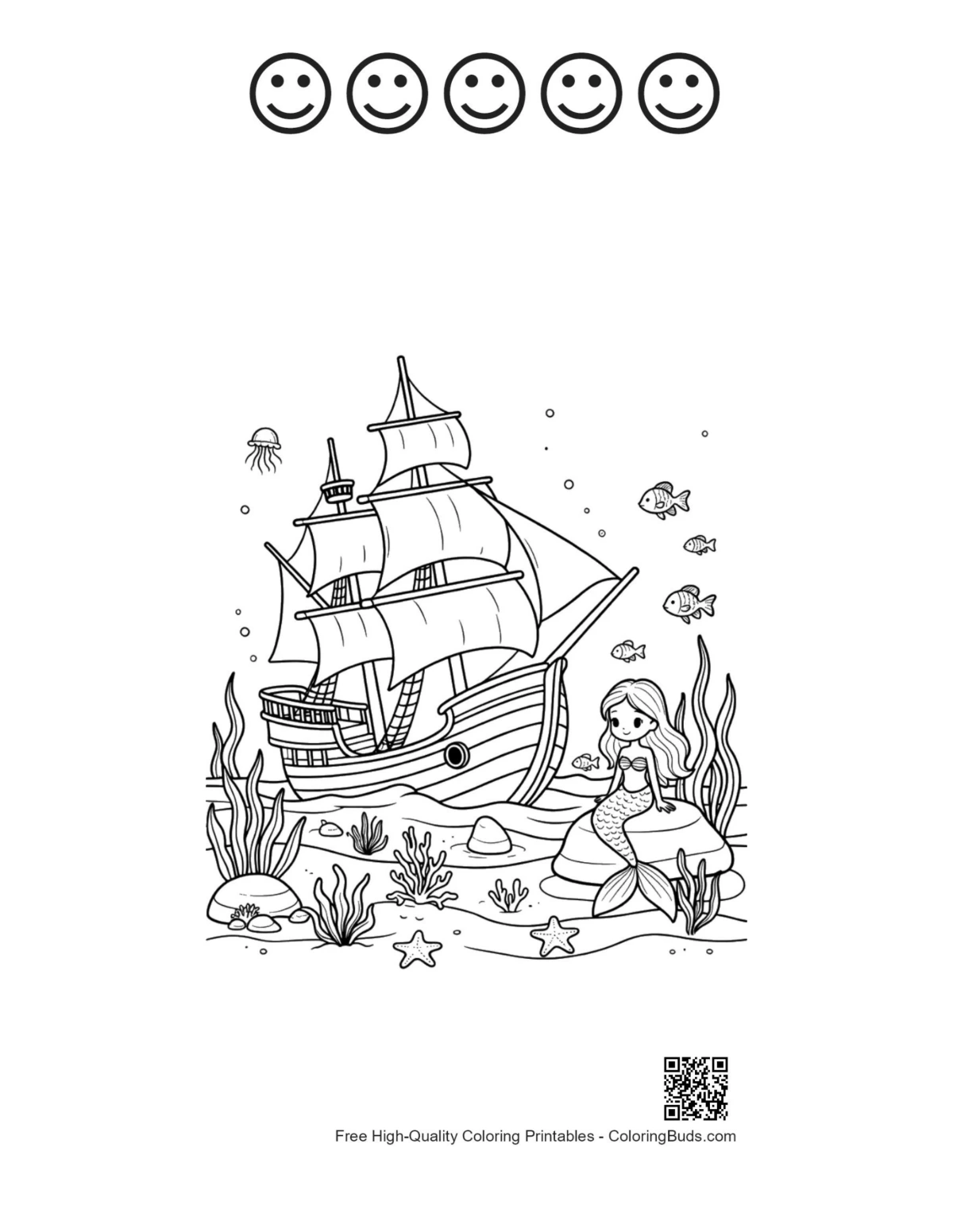 Printable mermaid greeting ship with 5 happy faces