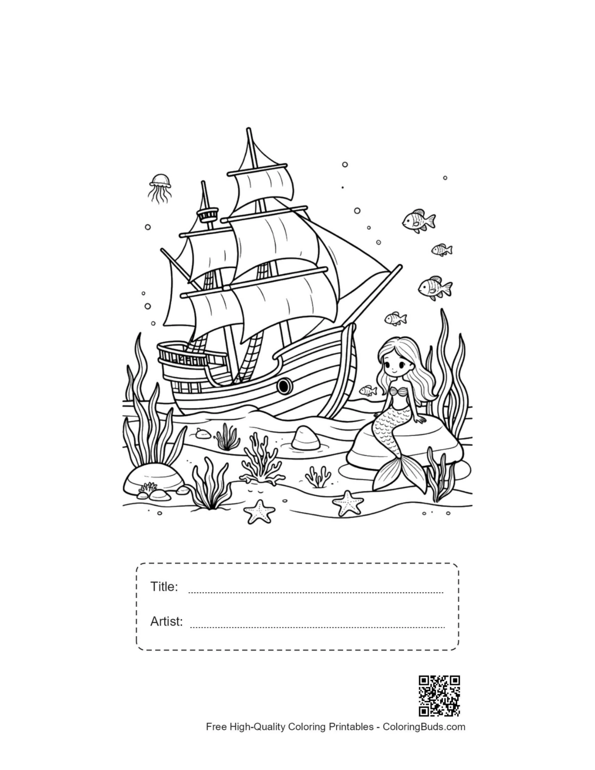 Mermaid and pirate ship printable with title artist box