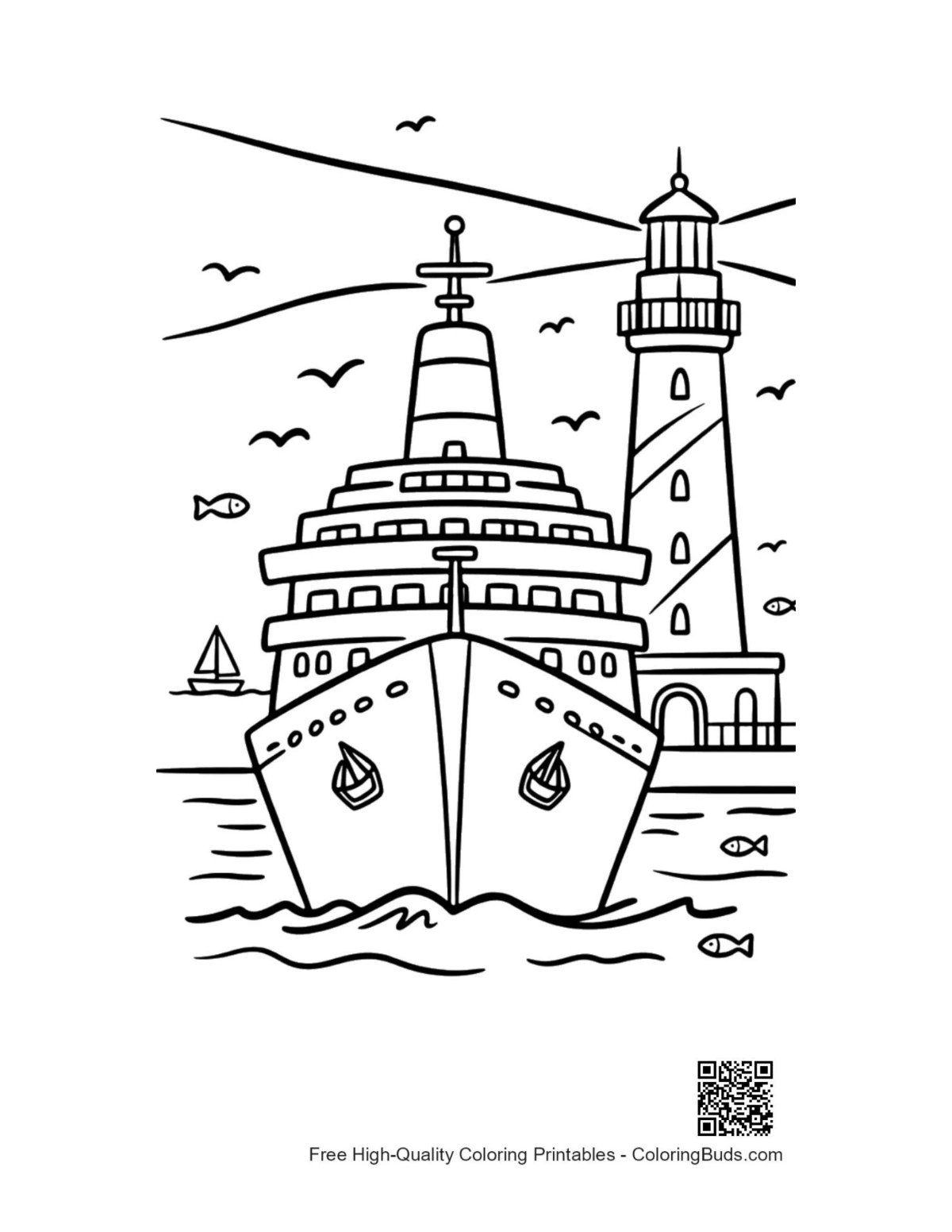 Front view cruise ship entering lighthouse bay printable