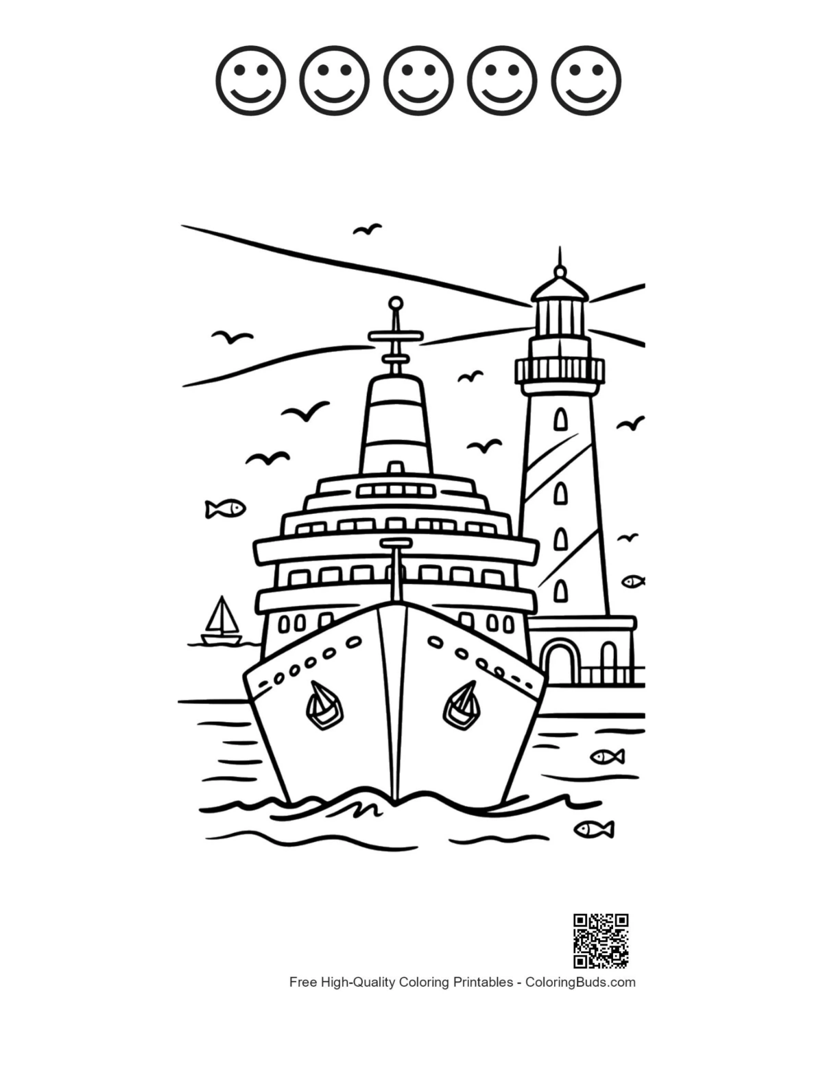 Cruise ship bay printable with 5 happy faces outline