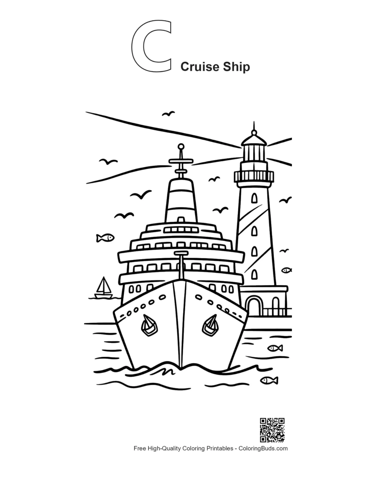 Cruise ship lighthouse bay outline with alphabet C printable