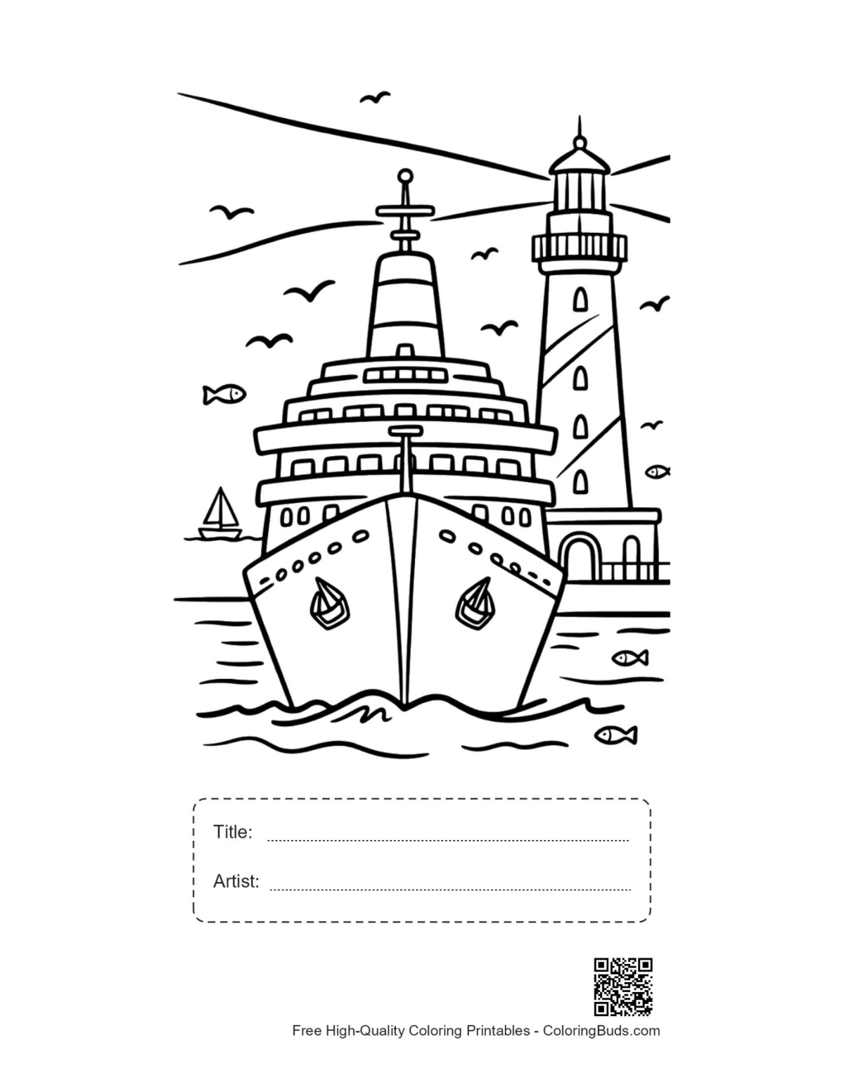 Cruise ship entering lighthouse bay printable with title box