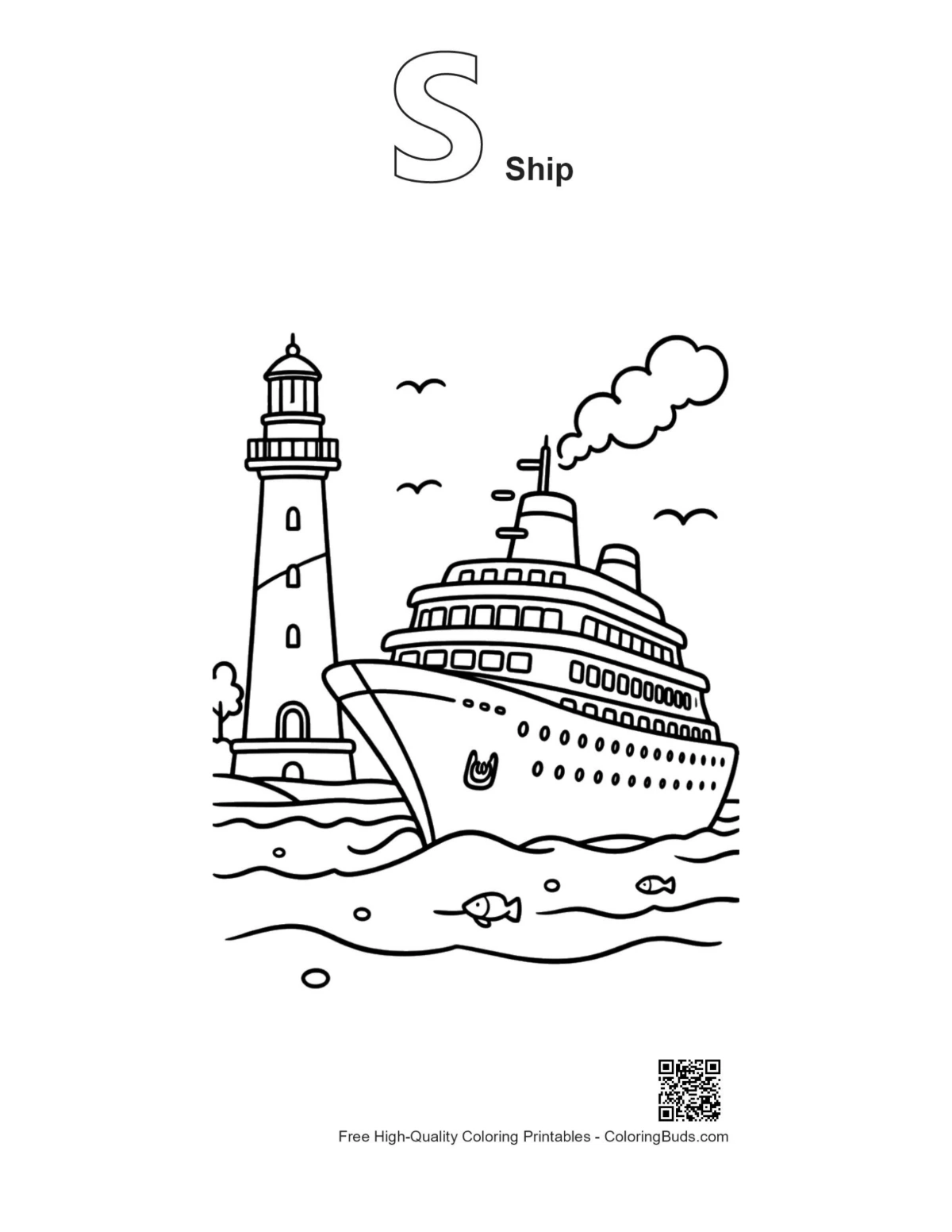 Cruise ship lighthouse outline with alphabet S printable
