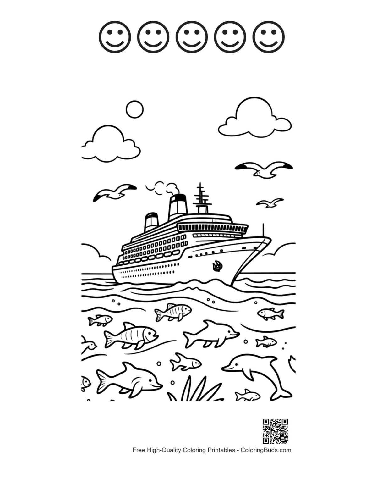 Cruise ship sea life with happy faces outlines coloring page