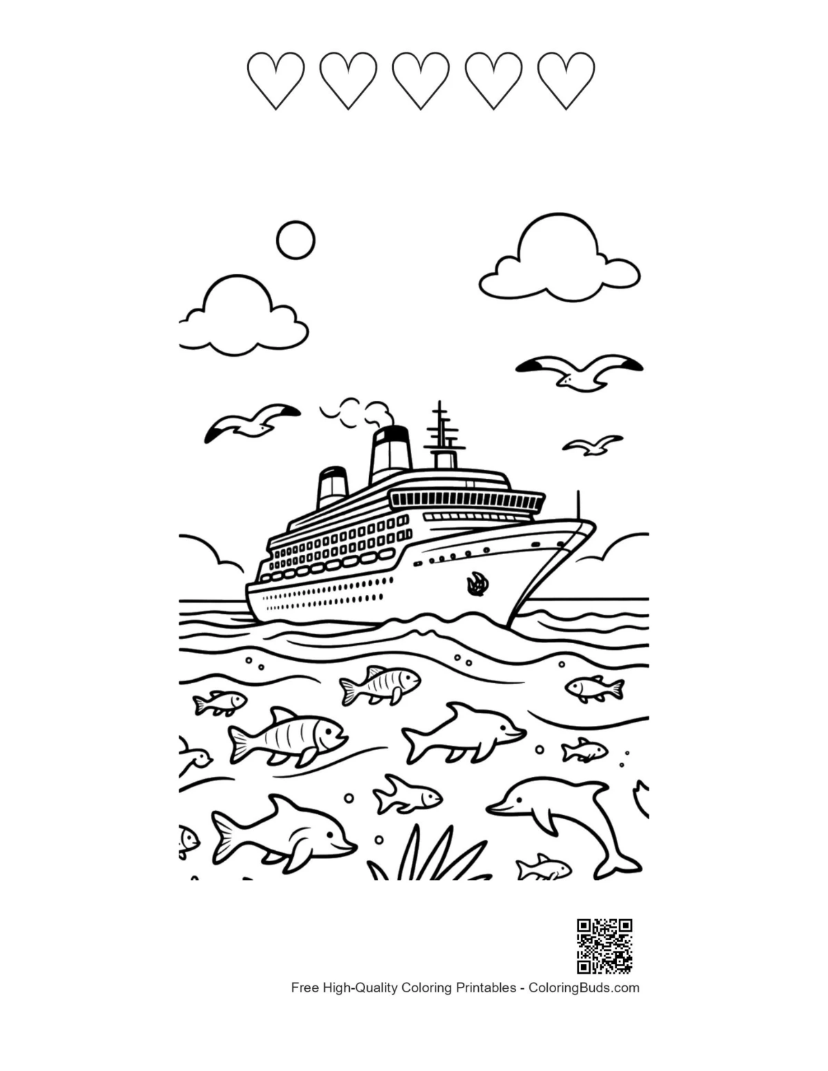 Holiday cruise ship sea life hearts outlines printable